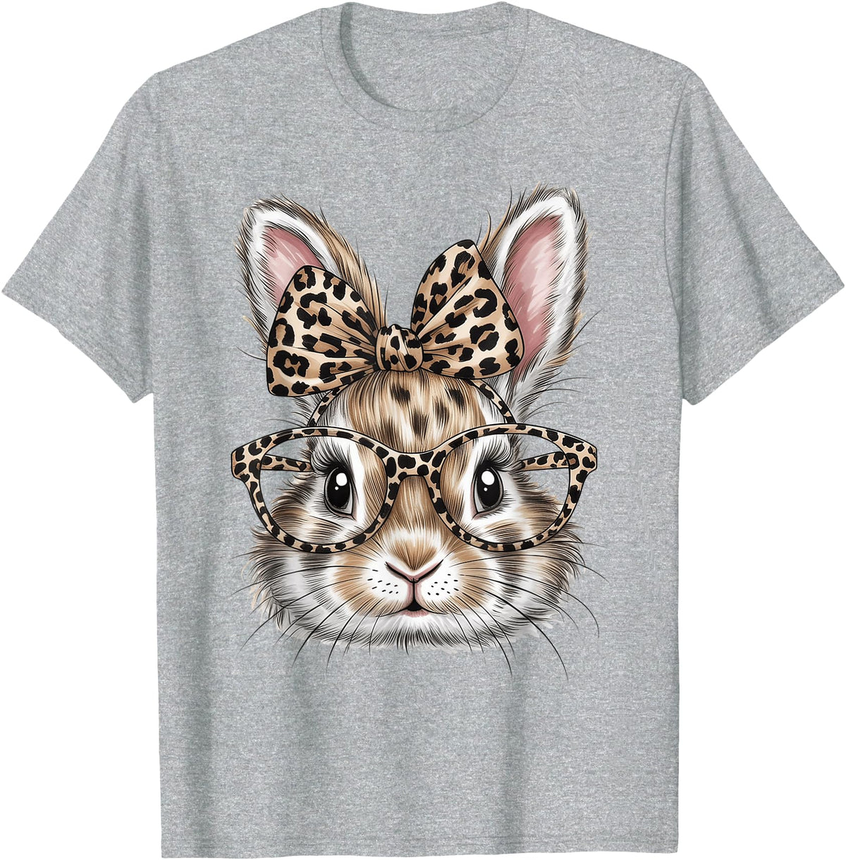 Bunny Face Glasses Bandana Leopard Rabbit Happy Easter T-Shirt in Heather Grey