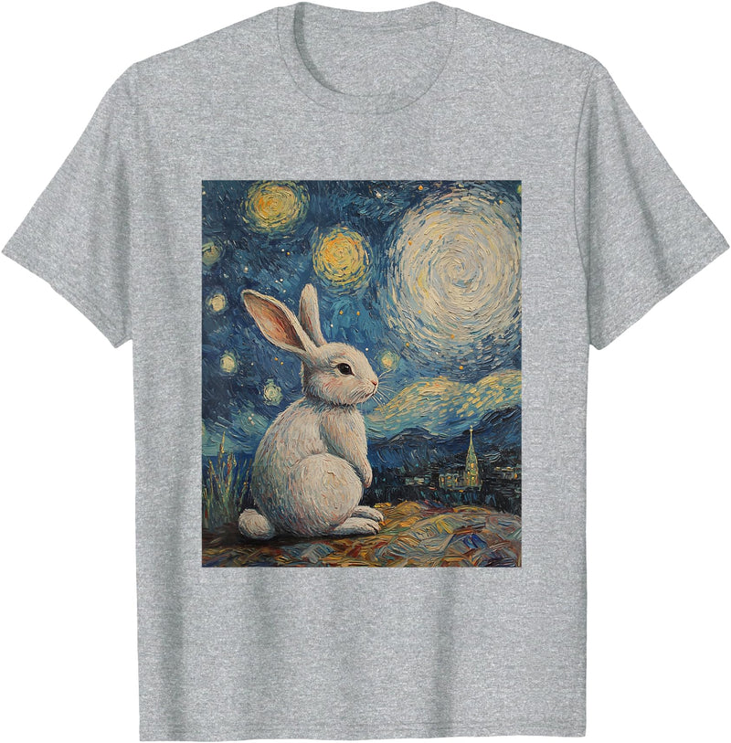 Bunny Rabbit Van Gogh Style Starry Night Cute Graphic T-Shirt (Black) in Heather Grey