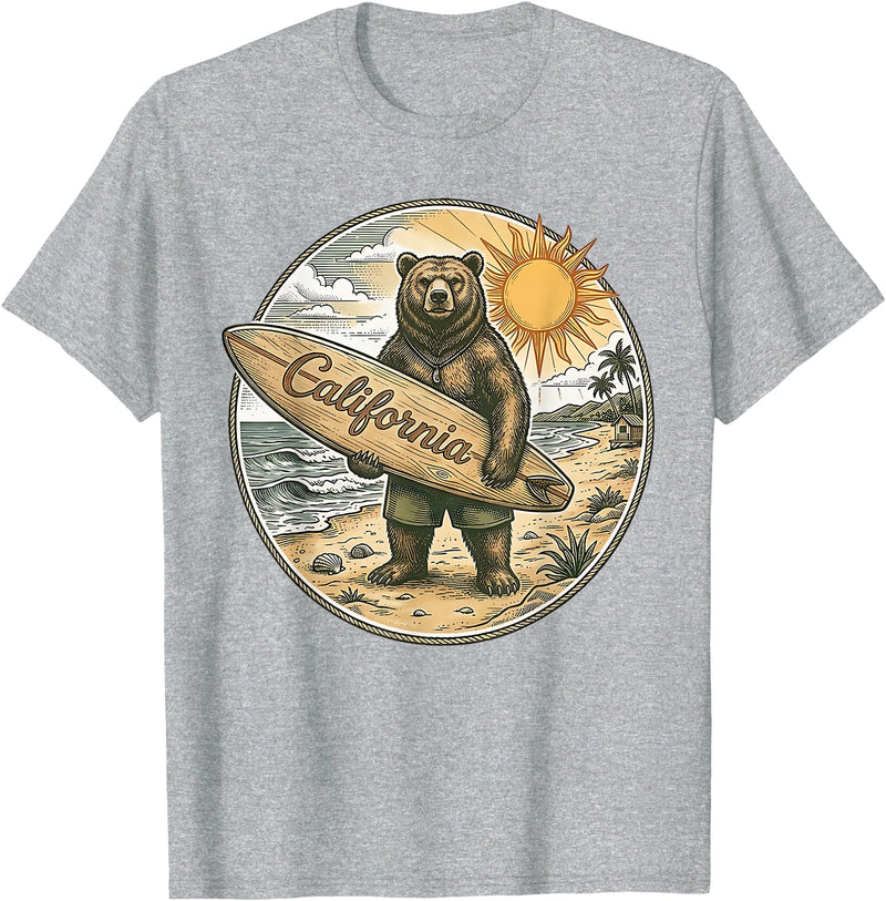 Retro Coastal Surf Bear Vintage Beach Apparel Vintage California Surf Bear Beach Retro Coastal Summer T-Shirt - Heather Grey