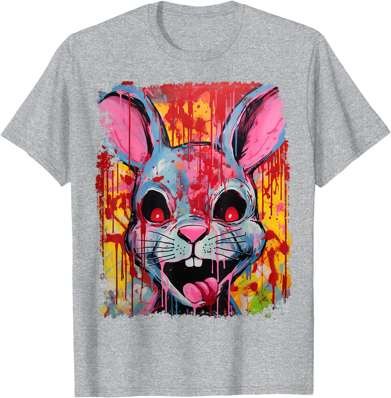 Pop Art Colorful Killer Bunny Rabbit Halloween T-Shirt in Heather Grey