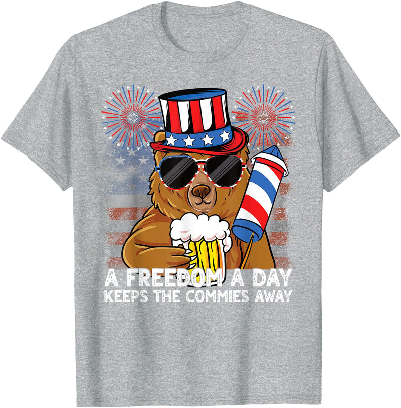 USA 4th of July A Freedom a Day Beer Bear A Freedom a Day Keeps the Commies Away 4th of July Bear Women Men T-Shirt - Heather Grey