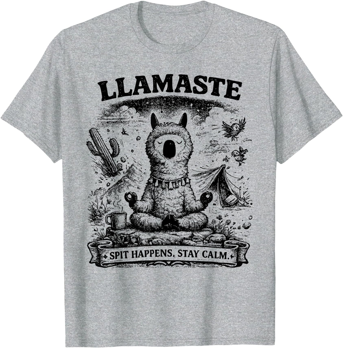 Llamaste Outdoor Society by The Maesthetics Llamaste Vintage Llama Meditation Outdoor Camping T-Shirt - Heather Grey
