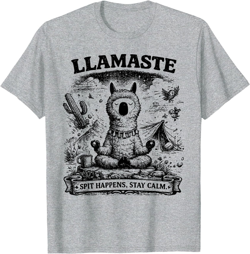 Llamaste Outdoor Society by The Maesthetics Llamaste Vintage Llama Meditation Outdoor Camping T-Shirt - Heather Grey