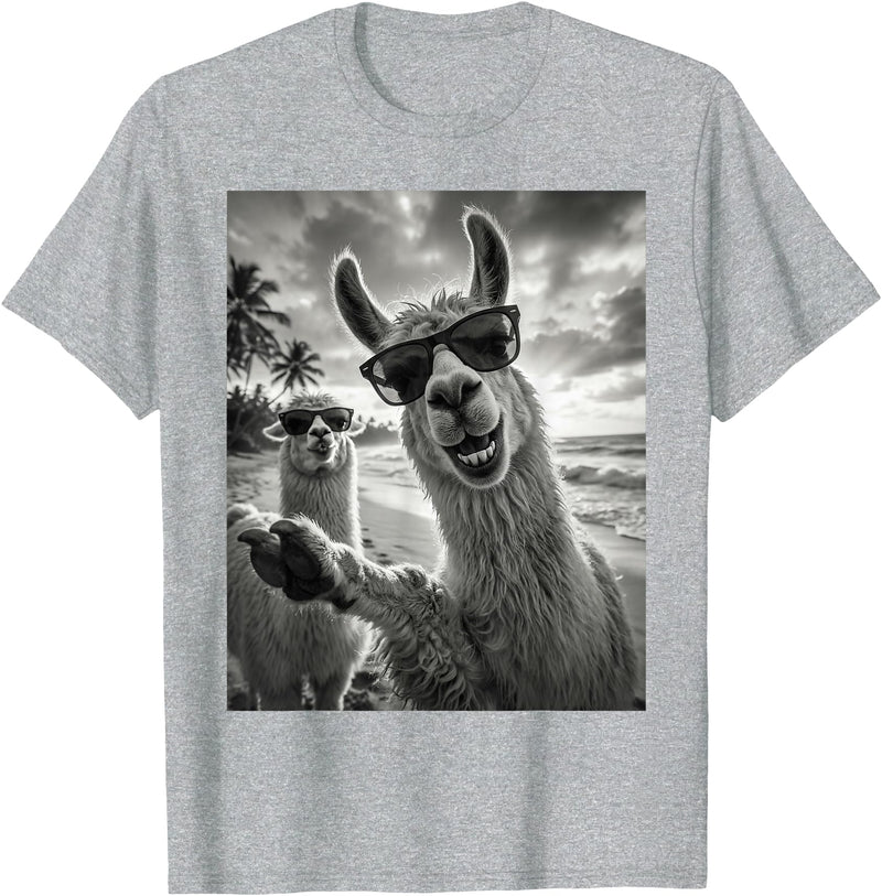Funny Llama Stuff Accessories & Gifts Cool Llama Selfie At The Beach, Cute Llamas Alpaca T-Shirt - Heather Grey