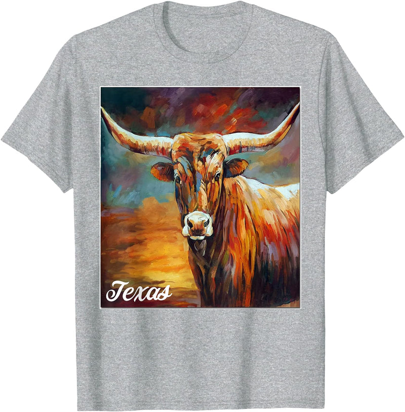 Longhorn Cow Shirts - Longhorn Cattle Gifts - Texas Cattle T-Shirt - Heather Grey
