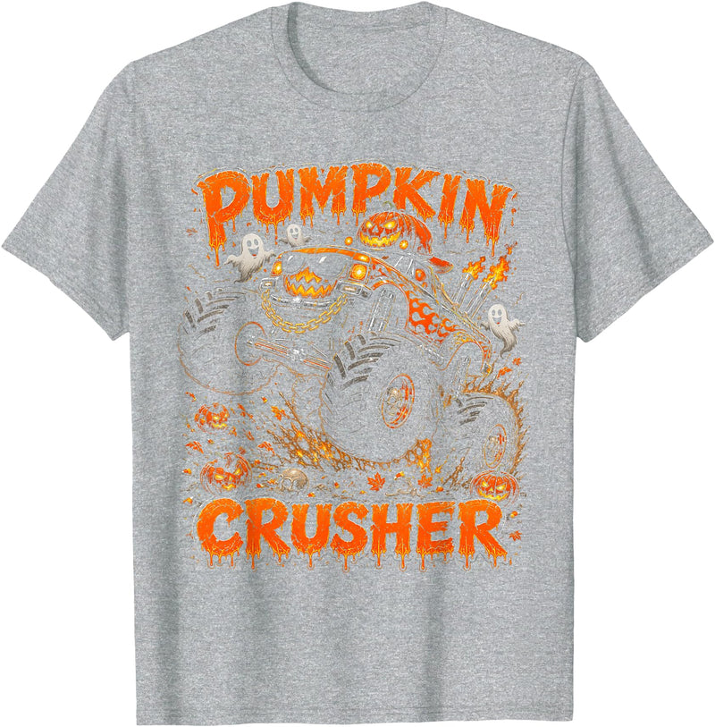 Pumpkin Crusher Kids Halloween Monster Truck Pumpkin Crusher Monster Truck Ghosts Halloween Boys T-Shirt - Heather Grey
