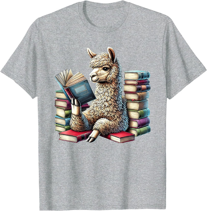 Llama Book Lover Llama Reading Book Reader Bookworm Alpaca Lover T-Shirt - Heather Grey