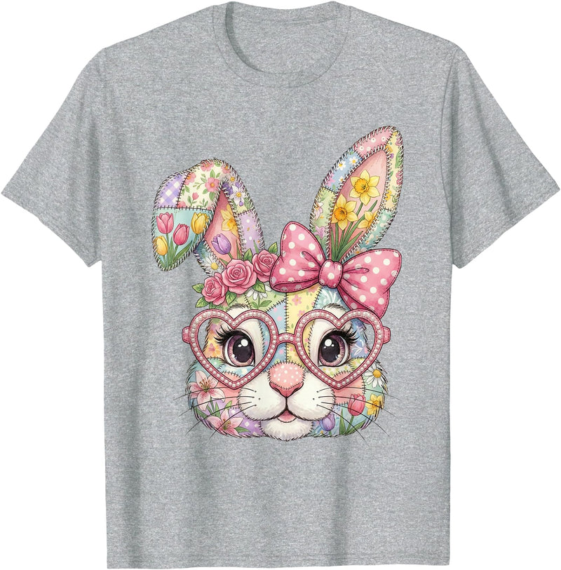 Floral Bunny Rabbit Girl Teens T-Shirt in Heather Grey