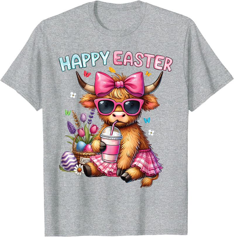 Farm Animal Highland Cow easter Gifts Happy Easter Day Highland Cow Cute Holiday Bunny Women Kids T-Shirt - Heather Grey
