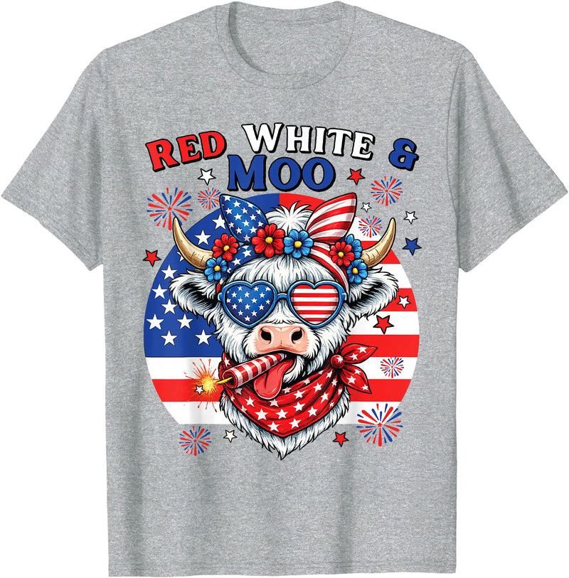 Cow American Flag 4th of July Fireworks Farmer Patriotic Cow USA Flag 4th of July Red and White and Moo T-Shirt - Heather