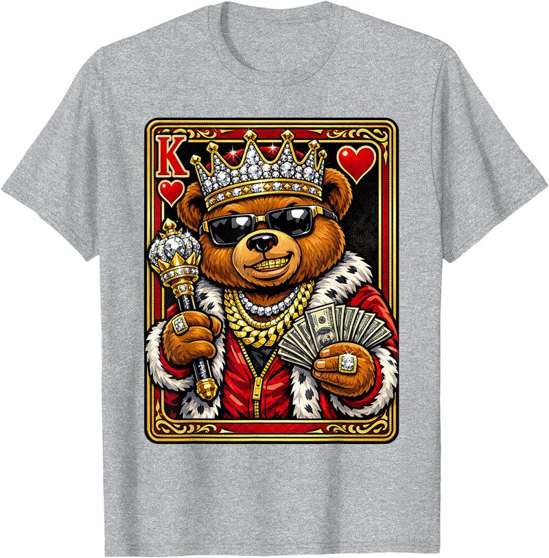 Teddy Bear King and Queen Matching Couples Designs King of Hearts Hip Hop Dripped Out Teddy Bear Hustle Money T-Shirt - Heather Grey