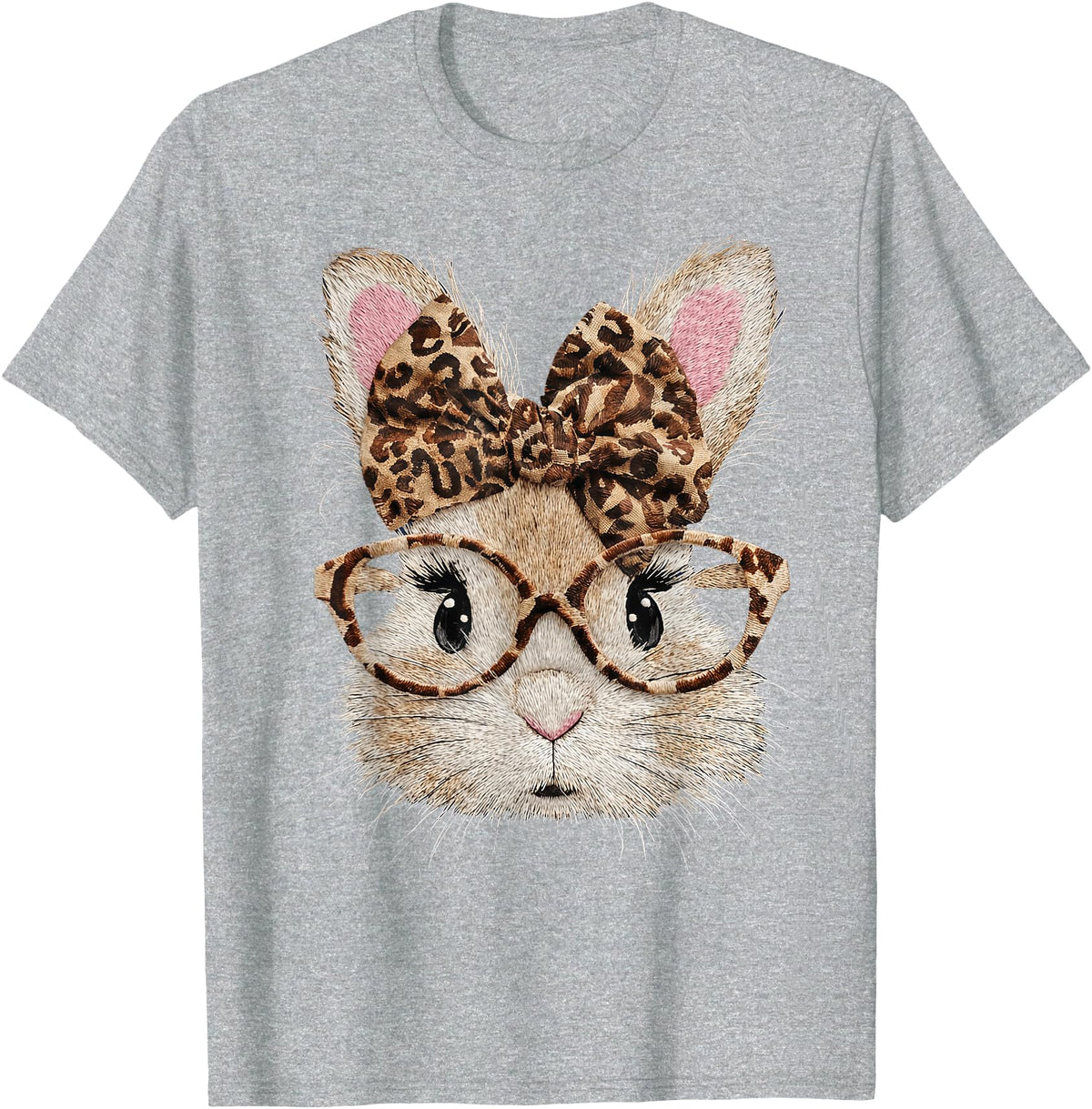 Cute Bunny Rabbit Face Leopard Coquette Bow Glasses Easter T-Shirt in Heather Grey