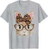 Cute Bunny Rabbit Face Leopard Coquette Bow Glasses Easter T-Shirt in Heather Grey