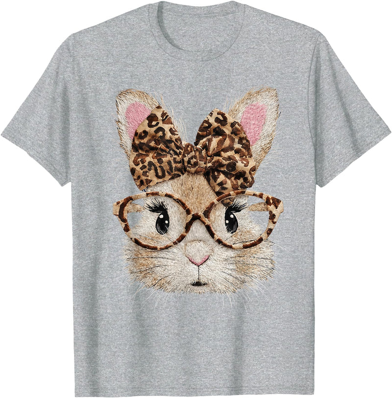 Cute Bunny Rabbit Face Leopard Coquette Bow Glasses Easter T-Shirt in Heather Grey