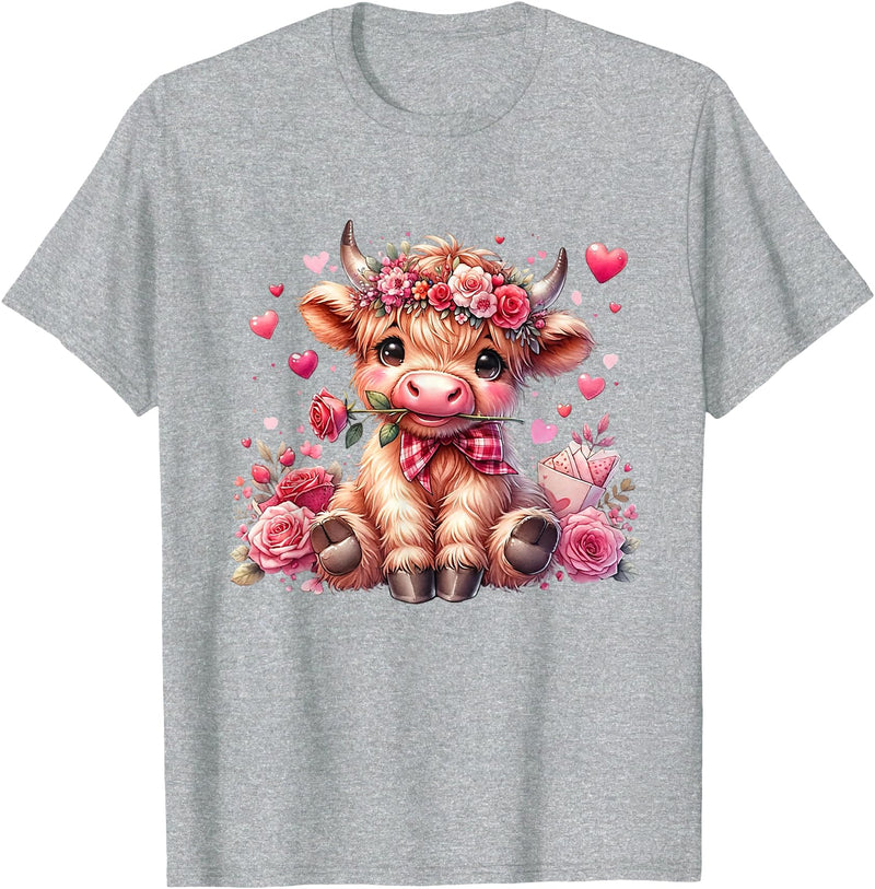 Happy Valentine Highland Cow Costume Love Clothing Valentine Highland Cow Print Cute Love Heart Flowers T-Shirt - Heather