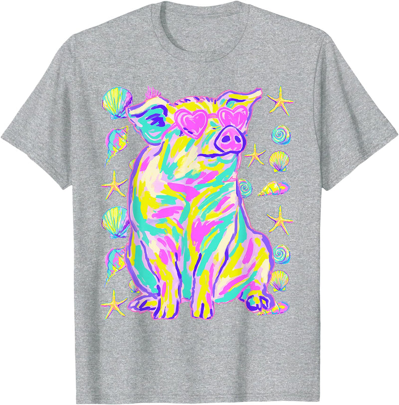 Coastal Summer Animals Beach Art Cute Pig with Hearts Sunglasses Seashells Coastal Summer T-Shirt - Heather Grey