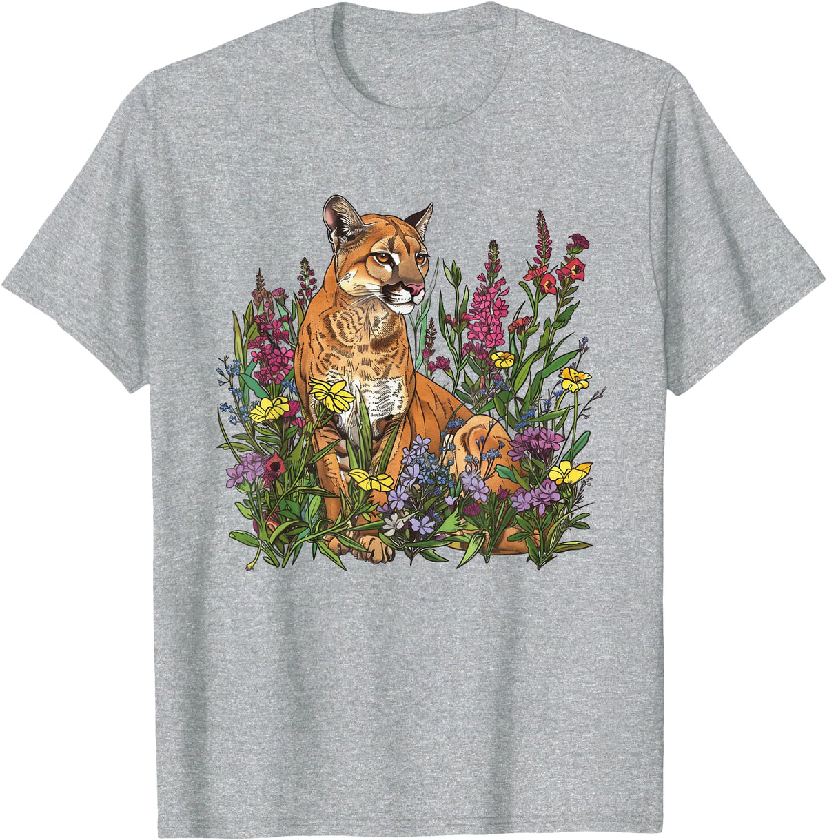 Mountain Lion Cougar Panther Catamount Designs Mountain Lion Amidst Wildflowers T-Shirt - Heather Grey