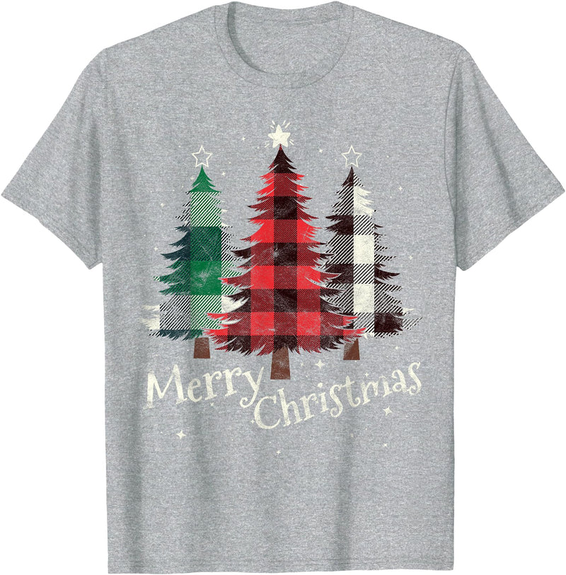 Merry Christmas Apparel Matching Family Clothes Merry Christmas Three Xmas Trees Buffalo Plaid Woman Gift T-Shirt - Heather