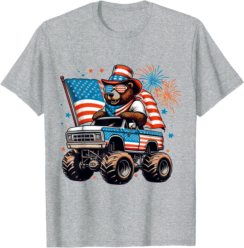 Bear Monster Truck 4th of July American Flag Boys T-Shirt - Heather Grey