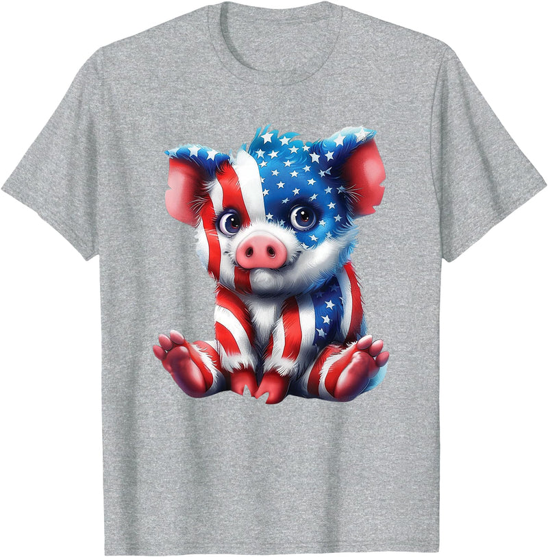 Patriotic Animal Art Collection Red White and Blue Baby Pig T Shirt T-Shirt - Heather Grey
