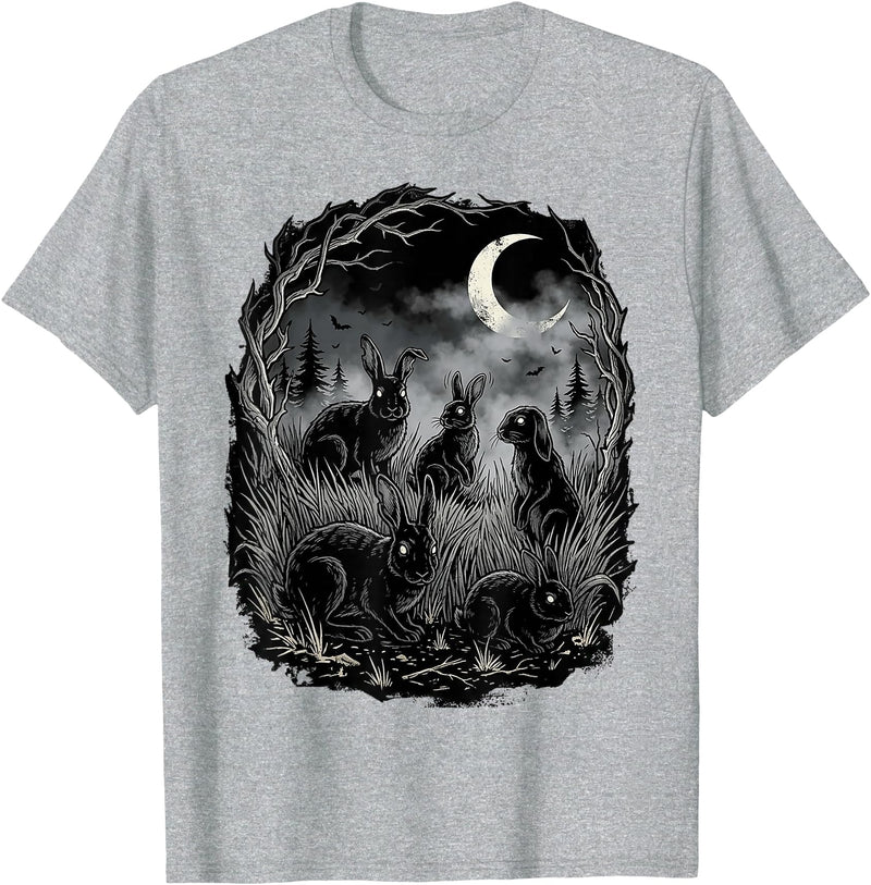 Midnight Woodland Rabbit Art Apparel Graphic Tees Creepy Black Rabbits Moonlit Forest Gothic Horror Halloween T-Shirt -