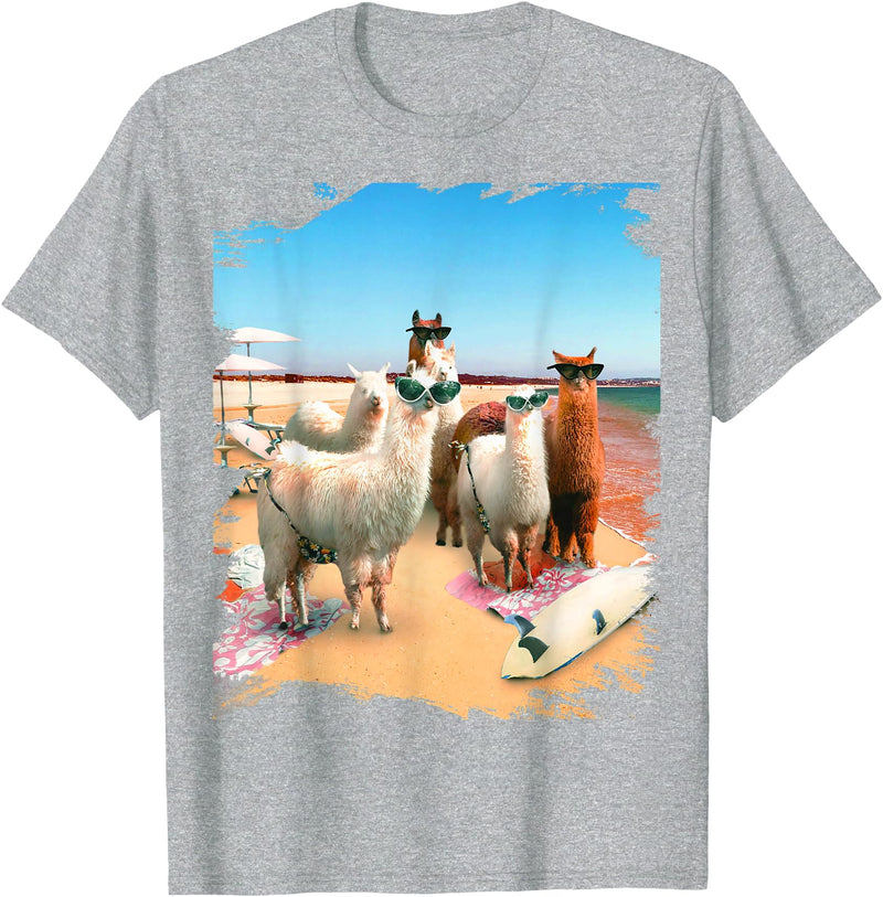 Random Galaxy Funny Llama Beach T-Shirt for Men Women Kids - Heather Grey