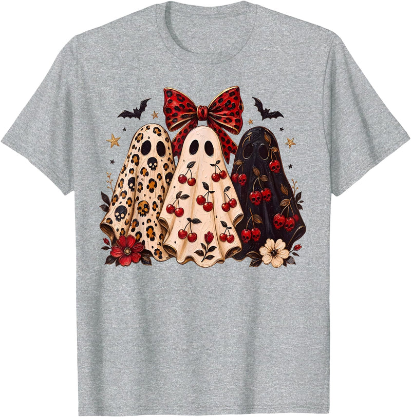 Skeleton Pumpkin Halloween For Women Girls Cute Coquette Ghost Leopard Bow Cherry Halloween Women Girls T-Shirt - Heather