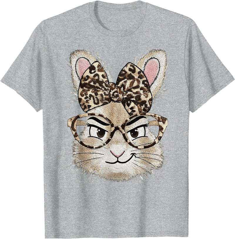 Bunny Glasses Bandana Leopard Funny Rabbit Happy Easter T-Shirt in Heather Grey