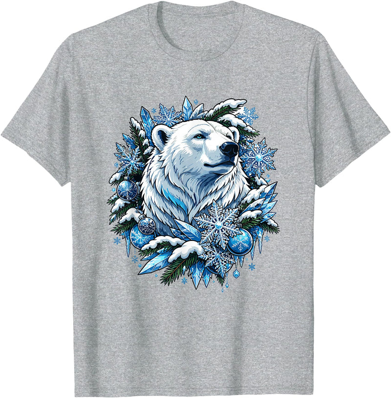Arctic Polar Bear Winter Snowflakes Christmas Polar Bear Wreath Ice Crystals T-Shirt - Heather Grey