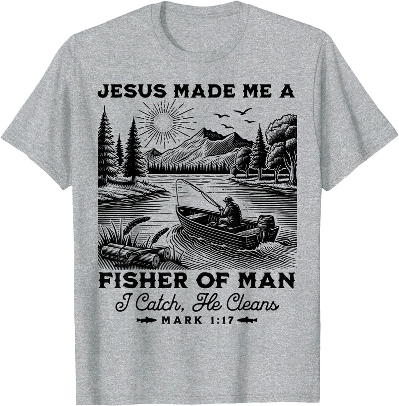 Fisher of Man Mark 1:17 Christian Scripture Jesus Fishing T-Shirt - Heather Grey