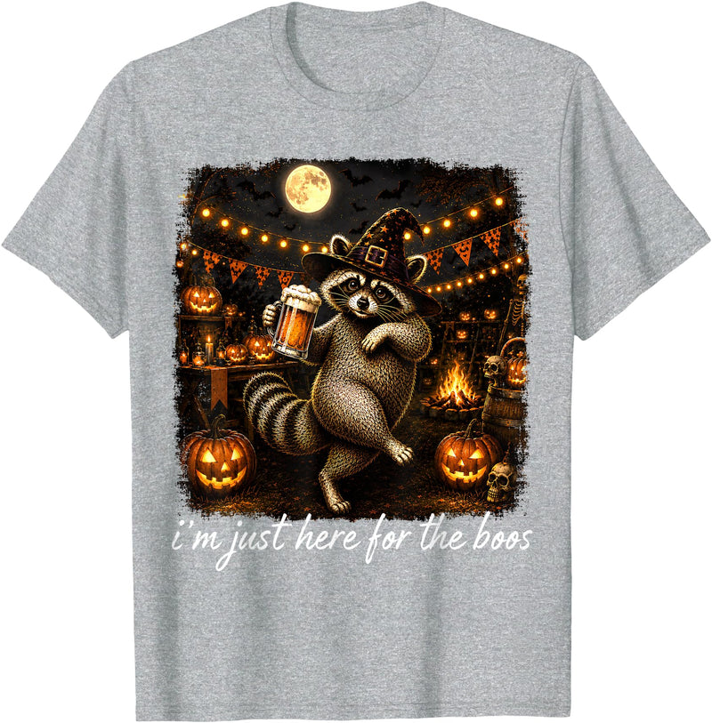 Halloween Tees Kids Women Men I'm Just Here for The Boos Funny Raccoon Pumpkin Halloween T-Shirt - Heather Grey