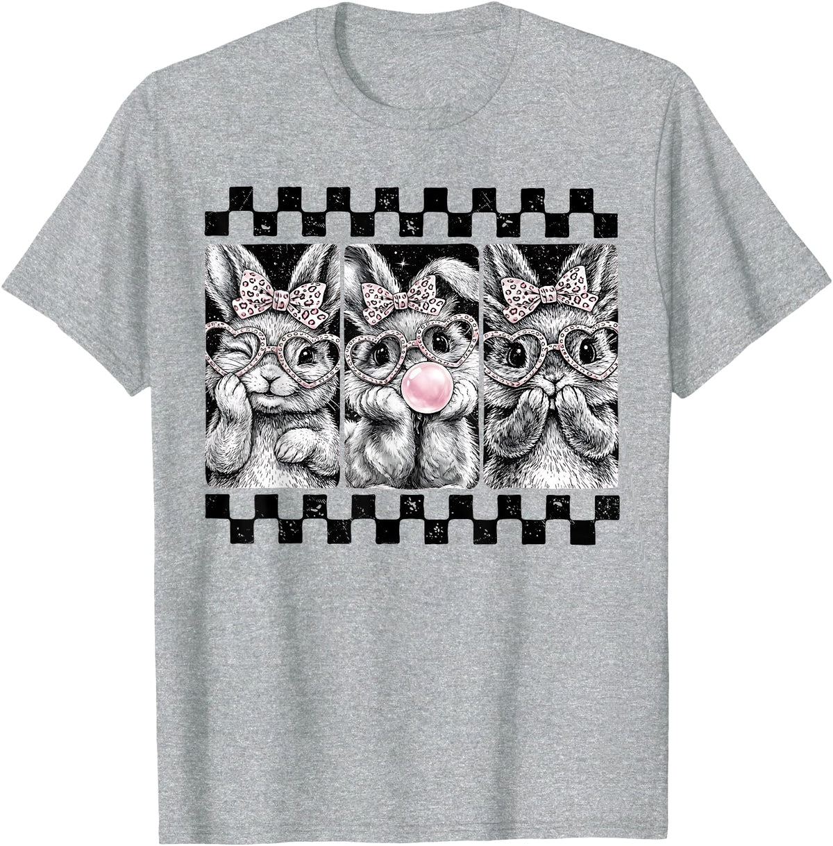 Leopard Bow Bunny Blowing Bubble Checkered Easter Day Girls T-Shirt in Heather Grey