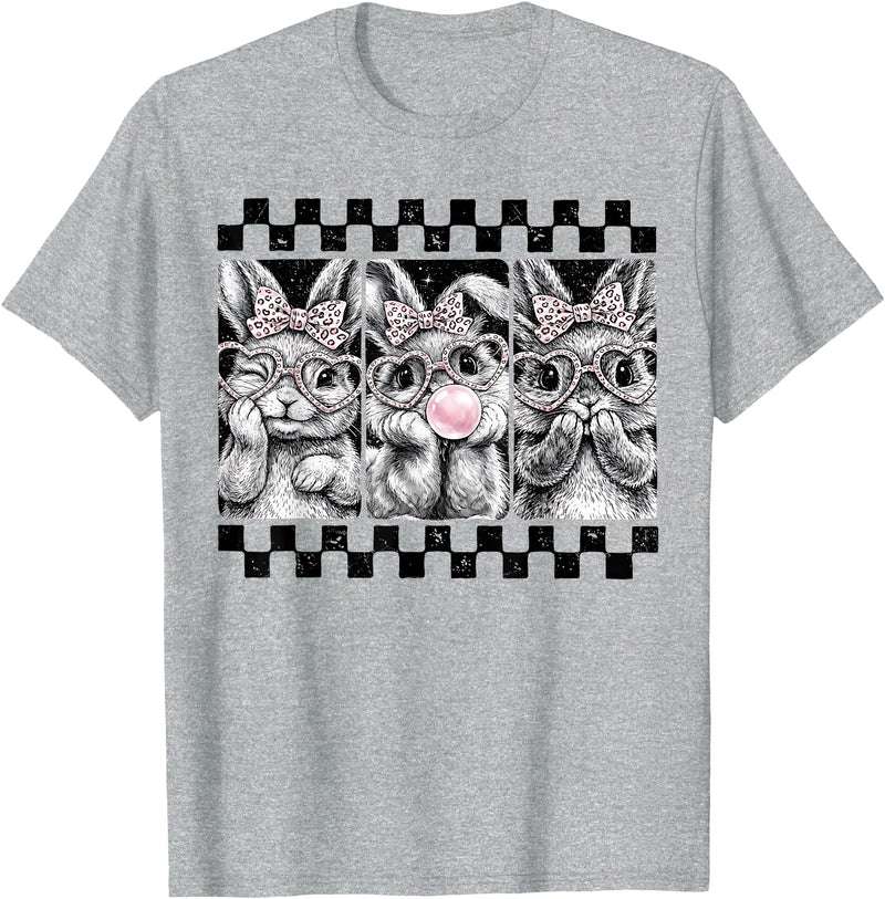 Leopard Bow Bunny Blowing Bubble Checkered Easter Day Girls T-Shirt in Heather Grey