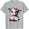 Cow Farmer Coquette Bow Tees Cute Baby Cow with Pink Coquette Bow Holding Heart T-Shirt - Heather Grey