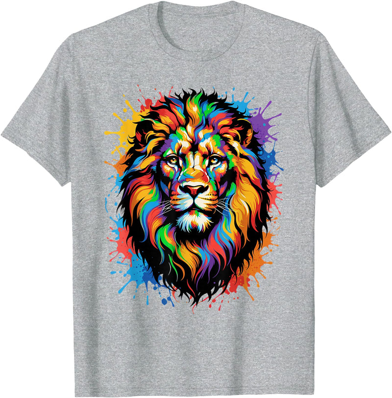 Colorful Lion Wildlife Lover Colorful Lion Face Paint Splash Art T-Shirt - Heather Grey