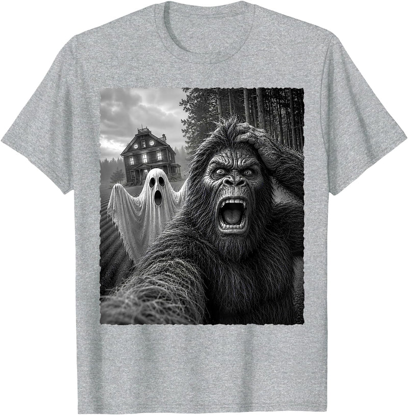 Bigfoot Halloween Ghost Costume Gift Funny Bigfoot Ghost Selfie Halloween Sasquatch Costume T-Shirt - Heather Grey