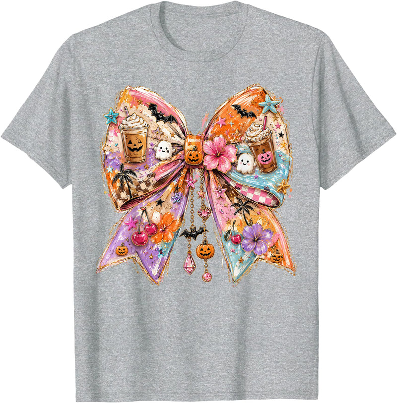 Summerween Tees NYC Summerween Bow Coquette Summer Halloween Ghosts Beach Coffee T-Shirt - Heather Grey