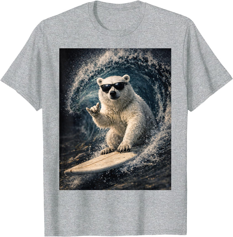 White Bear Surfing Waves Funny Animal Apparel Funny Polar Bear Surfer Catching Waves | Shaka Funny Animal T-Shirt - Heather Grey