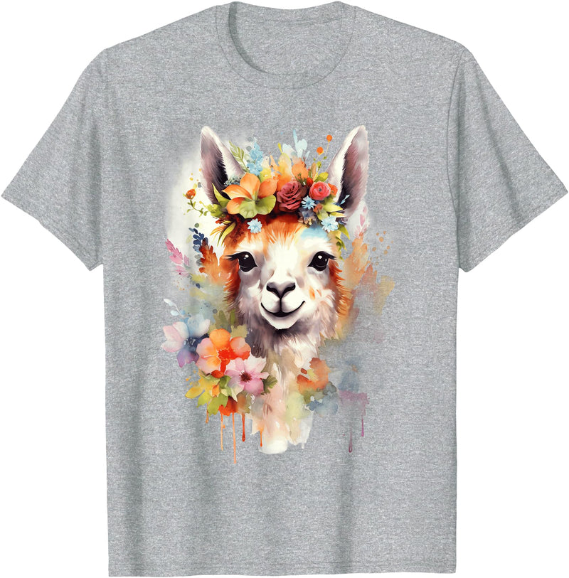 Llama Bloom Studio Cute Llama Floral Crown Watercolor Animal Art T-Shirt - Heather Grey