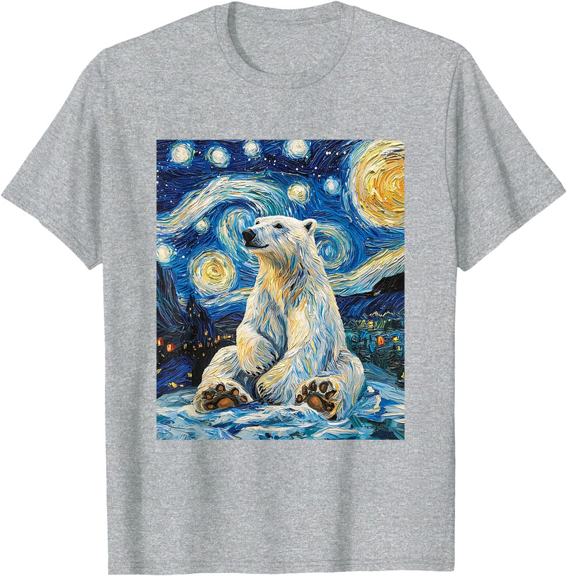 Bear Designs. Cute Polar Bear Van Gogh Style Starry Night Funny Graphic T-Shirt - Heather Grey