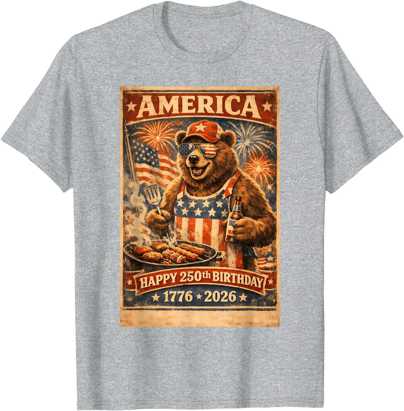 USA Birthday 250th American Spirit Tees All Ages Celebrate 250 Years with Fun Bear BBQ Graphic T-Shirt - Heather Grey