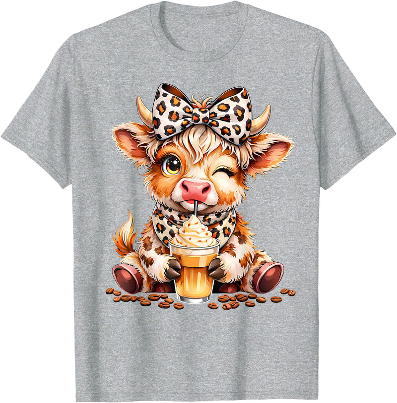 Cute Highland Cow Coffee Addict Leopard Bow Highland Cow Coffee Addict Funny Drink Coffee T-Shirt - Heather Grey