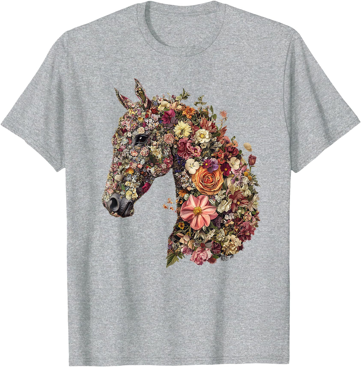 Horse Lover Gifts Floral Horse T-Shirt - Unisex-Adult, Classic Fit, Black, Small, Short Sleeve, Cotton Blend, Floral Pattern - Heather Grey