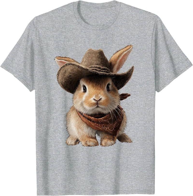 Cute Bunny Rabbit Cowboy Hat Easter Day T-Shirt in Heather Grey