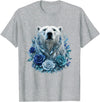 Arctic Polar Bear Crystal Rose Winter Spirit Majestic Polar Bear with Blue Ice Crystal Roses T-Shirt - Heather Grey