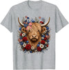 Funny July 4th Highland Cow Farm Lovers Highland Cow Florals 4th of July USA Flag Patriotic Women T-Shirt - Heather Grey