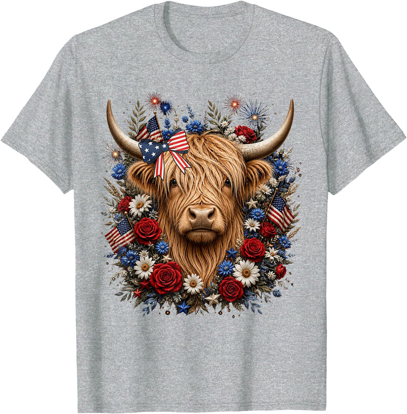 Funny July 4th Highland Cow Farm Lovers Highland Cow Florals 4th of July USA Flag Patriotic Women T-Shirt - Heather Grey