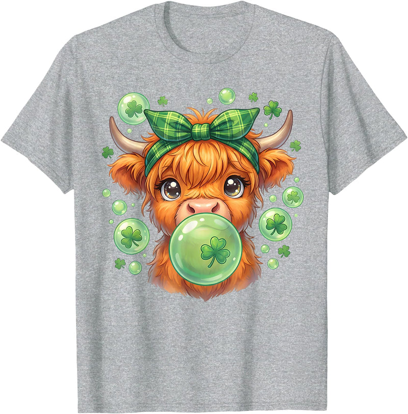 St. Patricks Day Highland Cow Blowing Bubblegum Celebrate St Patricks Day T-Shirt - Heather Grey
