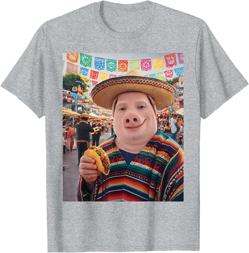 Pig John Pork Mexico Meme John Pork Funny Pig Man Mexican Fiesta Cinco de Mayo Taco T-Shirt - Heather Grey