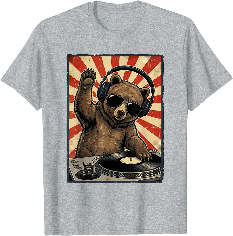 Bear DJ Stuff & Accessories Cool Retro Bear DJ Funny Bears Music Men Women Kids T-Shirt - Heather Grey